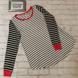Long Sleeve Striped Top w/ Coral Trim